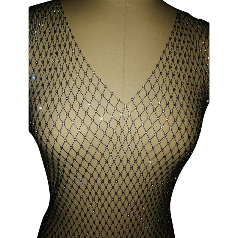 FlyCC Women Sexy See Through Mesh Beach Bikni Swimsuit Sleeveless Cover up Rhinestone Midi Dress Black - Image 5